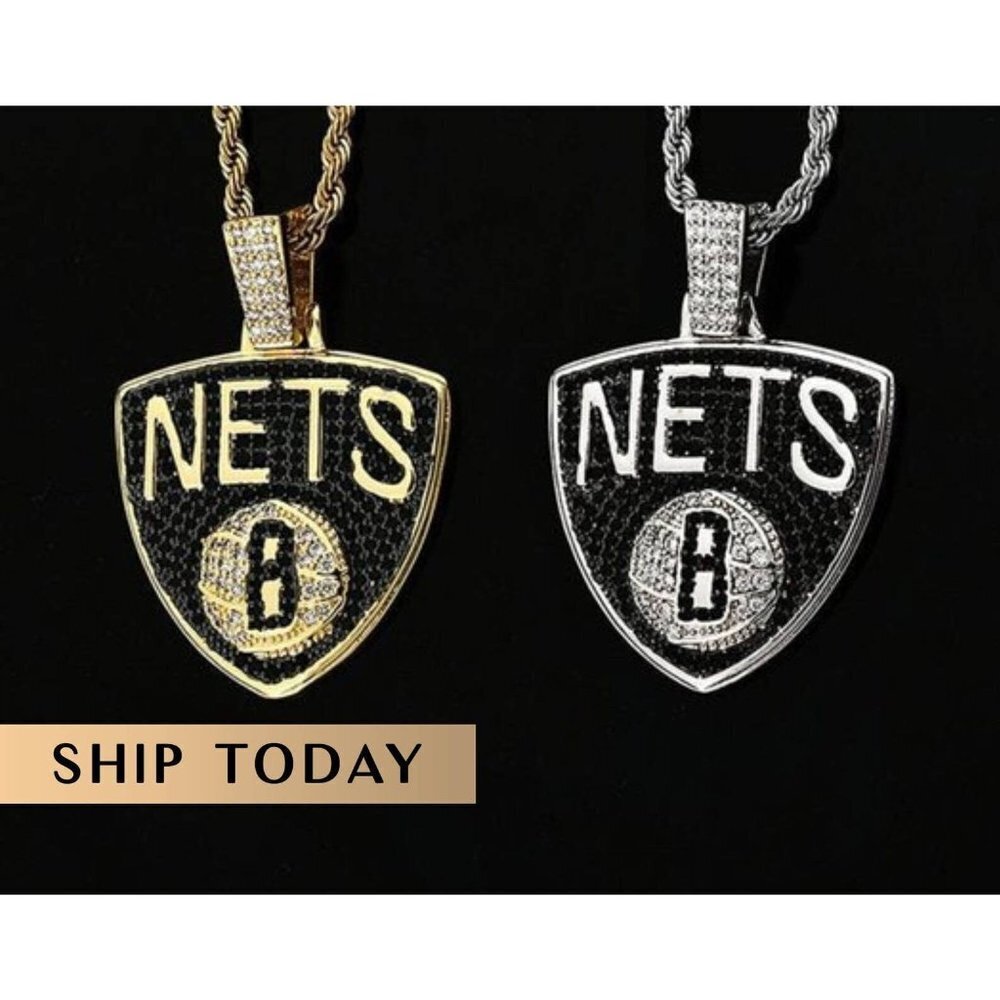 18K Brooklyn Nets Pendant with Free Rope Chain, Brooklyn Nets Pendant